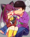  1girl animal_ears bad_id bad_twitter_id black_hair cat_ears drooling fish gloves hashimoto_nyaa highres hood hoodie long_hair matsuno_ichimatsu messy_hair mouth_hold multicolored_hair osomatsu-kun osomatsu-san paw_gloves paws pink_hair school_uniform skirt smile streaked_hair suurin_(ksyaro) tail tears translated 