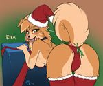  2015 anthro blush butt canine christmas clothing dog female fluff-kevlar green_eyes hat holidays looking_at_viewer mammal mistletoe panties plant rika_(character) solo underwear 