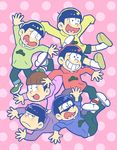  akatsuka_fujio_(style) aph_hero artist_name beanie black_hair brothers derivative_work falling hat heart heart_in_mouth highres hood hoodie jitome male_focus matsuno_choromatsu matsuno_ichimatsu matsuno_juushimatsu matsuno_karamatsu matsuno_osomatsu matsuno_todomatsu messy_hair multiple_boys official_style osomatsu-kun osomatsu-san parody pink_background polka_dot polka_dot_background sextuplets siblings simple_background sleeves_past_wrists sleeves_rolled_up slippers smile socks sunglasses surprised wall-eyed 