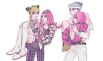  2girls black_hair blonde_hair boots braid carrying dixie_cup_hat double_bun flower_skirt hair_bobbles hair_ornament hat higashikata_jousuke_(jojolion) hirose_yasuho jojo_no_kimyou_na_bouken jojolion kuujou_jolyne long_hair military_hat multicolored_hair multiple_boys multiple_girls narciso_anasui pink_hair princess_carry quad_tails reammara skirt sweatdrop thigh_boots thighhighs two-tone_hair white_footwear 