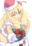  absurdres blonde_hair blue_eyes blush christmas coat drill_hair duel_monster gift gloves hat highres long_hair madolche_puddingcess normaland one_eye_closed santa_hat simple_background smile solo star very_long_hair white_background white_gloves winter_clothes winter_coat yuu-gi-ou yuu-gi-ou_duel_monsters 