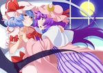  bat_wings blue_hair blush capelet coat crescent dress eichi_yuu eye_contact fang full_moon gloves hat hat_ribbon highres holding_hands interlocked_fingers long_hair long_sleeves looking_at_another mob_cap moon multiple_girls open_clothes open_coat open_mouth patchouli_knowledge pink_dress pointy_ears puffy_short_sleeves puffy_sleeves purple_dress purple_eyes purple_hair red_gloves remilia_scarlet ribbon short_sleeves sky smile star_(sky) starry_sky striped striped_dress touhou very_long_hair wide_sleeves window wings yuri 