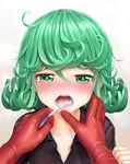  1girl aki99 black_dress blush brushing_another's_teeth brushing_teeth curly_hair dress gloves green_eyes green_hair hand_on_another's_face highres looking_at_viewer md5_mismatch one-punch_man open_mouth pov red_gloves saitama_(one-punch_man) short_hair solo_focus sweat tatsumaki tears toothbrush 