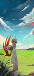  animal ankle_cuffs armlet bad_id bad_pixiv_id barefoot bird blonde_hair blue_sky bodypaint breasts breath_of_fire breath_of_fire_v cloud condensation_trail day dress ev1ct facial_mark feathers field flower flying forest grass green_hair highres meadow moon nature navel nina_(breath_of_fire_v) no_bra outdoors panties red_wings rock see-through short_hair sky sleeveless sleeveless_dress small_breasts solo tattoo tree underwear wings wrist_cuffs 