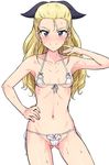  assam bikini blonde_hair blue_eyes blush breasts collarbone girls_und_panzer hair_pulled_back hair_ribbon hand_on_hip highres micro_bikini navel partially_visible_vulva ribbon side-tie_bikini small_breasts smile solo sweat swimsuit tsurui 