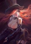  absurdres black_dress breasts caitlyn_(league_of_legends) cleavage cowboy_shot detached_collar detached_sleeves dress earrings garter_belt gun hat highres holding holding_gun holding_weapon jewelry kanchou_dairi large_breasts league_of_legends long_hair parted_lips red_eyes red_hair red_lips rifle solo top_hat weapon 