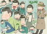  &gt;_&lt; :&lt; alternate_costume aoki_(fumomo) backpack bad_id bad_twitter_id bag black_hair bow bowl_cut bowtie character_name chibi closed_eyes denim flying_sweatdrops formal green_background green_neckwear heart heart_in_mouth hood hoodie jeans male_focus matsuno_choromatsu multiple_boys multiple_persona necktie osomatsu-kun osomatsu-san pajamas pants pants_rolled_up plaid plaid_pants plaid_shirt seiza shirt simple_background sitting smile sparkle suit suspenders trench_coat 