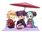  2boys ^_^ ^o^ alcohol aqua_eyes aqua_hair bead_bracelet beads black_hair blonde_hair bow bowl bracelet braid butterfly_hair_ornament checkered chibi closed_eyes cup dango double_bun earrings food giorno_giovanna hair_ornament hair_tie haori higashikata_jousuke indian_style japanese_clothes jewelry jojo_no_kimyou_na_bouken kimono kuujou_jolyne mochi multicolored_hair multiple_boys open_mouth oriental_umbrella petals pompadour purple_hair pzqblue robe sake seiza sitting skewer smile topknot two-tone_hair umbrella wagashi 