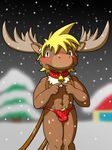  abs anthro antlers blush cervine clothed clothing collar comet_(reindeer) embarrassed erection front_view half-dressed horn looking_at_viewer male mammal muscular nakayan outside penis_outline pubes reindeer shy snow solo thong topless 