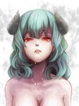  breasts crying demon_horns green_hair highres horns long_hair looking_at_viewer medium_breasts nude original parted_lips red_eyes solo tears tobihira upper_body 