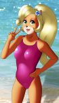  2018 absurd_res anthro bandicoot biped blonde_hair breasts buffbumblebee_(artist) clothed clothing coco_bandicoot crash_bandicoot_(series) digital_drawing_(artwork) digital_media_(artwork) eyebrows eyelashes female front_view fur green_eyes hair hi_res long_hair looking_at_viewer makeup mammal marsupial one-piece_swimsuit open_mouth ponytail portrait smile solo standing swimsuit tight_clothing video_games water 