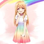  beifeng_han blonde_hair cyou_shigen dress long_hair looking_at_viewer md5_mismatch open_mouth original pen puffy_short_sleeves puffy_sleeves rainbow rainbow_gradient red_eyes short_sleeves simple_background smile solo 