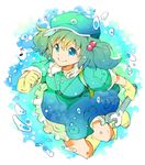  blue_eyes blue_hair boots gloves hair_bobbles hair_ornament hat ichizen_(o_tori) kawashiro_nitori smile solo touhou twintails two_side_up underwater wrench 