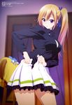  absurdres blonde_hair blurry bra bra_peek breasts buruma buruma_under_skirt depth_of_field dress_shirt dressing frilled_skirt frills hair_ribbon highres kawakami_mai large_breasts long_hair looking_at_viewer megami mole mole_under_eye musaigen_no_phantom_world non-web_source official_art open_clothes open_mouth open_shirt open_skirt ponytail purple_eyes ribbon satou_tatsuya shirt side_ponytail skirt smile solo unbuttoned underwear 