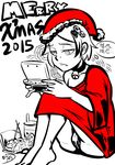  2015 bangs barefoot bell bell_choker big-d choker eyebrow_piercing food hair_ornament hairclip handheld_game_console legs_together lonely merry_christmas nintendo_3ds nose_piercing off_shoulder panties pantyshot pantyshot_(sitting) piercing playing_games santa_costume short_hair sitting solo spot_color sweater swept_bangs thought_bubble translation_request underwear 