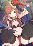  :o absurdres belly belly_poke black_gloves black_legwear blush boots box breasts breath brown_hair cape christmas clarisse_(granblue_fantasy) cleavage finger_in_another's_navel fur_trim gift gift_box gloves granblue_fantasy green_eyes hat highres koga_rejini long_hair looking_at_viewer md5_mismatch navel ponytail santa_boots santa_hat small_breasts solo spread_navel thighhighs 