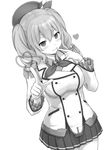  blush breasts cowboy_shot dutch_angle epaulettes finger_to_mouth gloves greyscale hat heart highres kantai_collection kashima_(kantai_collection) large_breasts long_hair military miniskirt monochrome pleated_skirt simple_background skirt smile solo yuuki_kazuhito 