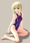  artoria_pendragon_(all) barefoot blonde_hair blue_eyes braid competition_swimsuit fate/stay_night fate_(series) full_body katahira_masashi long_legs one-piece_swimsuit saber sitting smile solo swimsuit yokozuwari 