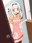  apron blush door headband housewife kanoe_soushi kantai_collection long_hair open_mouth opening_door shoukaku_(kantai_collection) skirt smile solo thighhighs white_hair yellow_eyes 