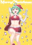  :d ahoge card chu_kai_man cleavage_cutout earrings elbow_gloves fur_trim gloves green_hair hat highres jewelry merry_christmas midriff navel open_mouth race_queen rin_(yuu-gi-ou_arc-v) santa_hat smile solo suitcase trading_card yellow_eyes yuu-gi-ou yuu-gi-ou_arc-v 