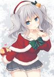  aran_sweater bell bell_collar blue_eyes box breasts capelet christmas cleavage collar collarbone finger_to_mouth gift gift_box hat heart heart-shaped_box kantai_collection kashima_(kantai_collection) large_breasts long_sleeves looking_at_viewer miko_92 red_capelet santa_costume santa_hat shirt shushing silver_hair skirt smile solo sweater twintails 