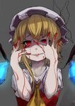  absurdres blonde_hair blood blood_on_face bloody_hands fangs flandre_scarlet hat highres looking_at_viewer red_eyes smile solo tobihira touhou upper_body vampire wings 