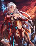  black_legwear blue_eyes breasts cleavage elbow_gloves gloves large_breasts loincloth long_hair looking_at_viewer navel navel_cutout no_panties official_art pelvic_curtain red_gloves remana silver_hair solo sword thighhighs unmei_no_clan_battle weapon 