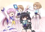  blush brown_hair d-pad d-pad_hair_ornament game_console hair_ornament hair_ribbon hat high_five long_hair mizunashi_(second_run) multiple_girls nepgear neptune_(series) open_mouth playing_games purple_eyes purple_hair ram_(choujigen_game_neptune) red_eyes ribbon rom_(choujigen_game_neptune) short_hair siblings sisters sitting smile striped striped_legwear thighhighs twins uni_(choujigen_game_neptune) wariza 