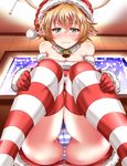  bare_shoulders bell bell_collar blonde_hair blue_panties blush cameltoe christmas collar commentary_request green_eyes hat highres knees_together_feet_apart looking_at_viewer mizuhashi_parsee panties pantyshot pantyshot_(sitting) pointy_ears santa_costume santa_hat sitting solo striped striped_legwear striped_panties thighhighs touhou underwear zan_(harukahime) 