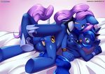  anthro armor azure_night bbmbbf bed blue_hair blush caught_in_the_act duo erection facial_hair fan_character female friendship_is_magic hair jewelry mammal my_little_pony necklace palcomix penis princess_luna_(mlp) purple_hair pussy scar sex surprise 