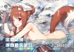  animal_ears ass barrel blush breasts brown_hair cover cover_page cup doujin_cover grin hair_bun highres holo kawakami_rokkaku looking_at_viewer nipples nude one_eye_closed onsen red_eyes small_breasts smile snow solo spice_and_wolf tail teeth towel towel_on_head wolf_ears wolf_tail 