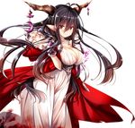  antenna_hair bandages black_hair blush breasts cleavage danua draph granblue_fantasy hair_between_eyes horn_ornament horns jewelry large_breasts long_hair looking_at_viewer necklace pointy_ears red_eyes simple_background smile solo zinno 