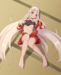  ahoge barefoot black_panties blush breasts chiya_(urara_meirochou) feet long_hair lying medium_breasts motsutoko navel no_bra on_back open_mouth panties red_eyes shirt_lift silver_hair solo tears underboob underwear urara_meirochou very_long_hair 