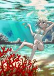  air_bubble arm_up armpits barefoot bikini blonde_hair breath bubble coral eila_ilmatar_juutilainen fish freediving grin highres holding_breath long_hair smile solo strike_witches striped striped_bikini suomio swimming swimsuit toe_scrunch underwater water world_witches_series 