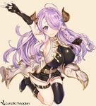  black_gloves braid breasts demon_horns draph elbow_gloves gloves granblue_fantasy hair_ornament hair_over_one_eye harunoibuki horns large_breasts lavender_hair long_hair narmaya_(granblue_fantasy) no_panties pointy_ears single_thighhigh solo thighhighs 