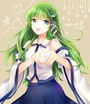  :d aqua_eyes artist_name brown_background detached_sleeves frog_hair_ornament green_hair hair_ornament heart heart_hands kochiya_sanae long_hair open_mouth smile snake_hair_ornament solo star thank_you touhou wide_sleeves yuli_(yulipo) 