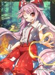  bamboo bamboo_forest bell fire flame forest fujiwara_no_mokou gloves hair_bell hair_ornament hair_ribbon long_hair looking_at_viewer nature one_eye_closed open_mouth pants red_gloves ribbon shirt silver_hair smile solo suspenders torn_clothes torn_sleeves touhou tress_ribbon umigarasu_(kitsune1963) very_long_hair wrist_cuffs 