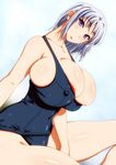  286c breasts bursting_breasts covered_nipples highres huge_breasts looking_at_viewer one-piece_swimsuit original purple_eyes school_swimsuit silver_hair solo swimsuit 