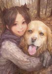  animal brown_eyes brown_hair dog gloves hair_ornament highres hug leaf long_hair looking_at_viewer miche original scarf solo tongue tongue_out tree twintails 