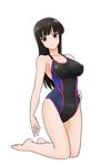  black_eyes black_hair competition_swimsuit girls_und_panzer hand_on_hip kneeling long_hair looking_at_viewer matsui_yasutsugu nishizumi_shiho one-piece_swimsuit simple_background solo swimsuit white_background 