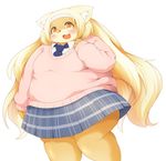  anthro blonde_hair blush canine clothing digital_media_(artwork) female fox fur green_eyes hair kemono long_hair mammal obese open_mouth orange_fur overweight radiowave school_uniform schoolgirl simple_background skirt solo thick_thighs uniform yellow_eyes 