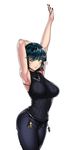  arm_behind_head armpits arms_up bangs beads belt black_nails blue_hair bra_strap breasts character_doll closed_mouth cowboy_shot denim eyebrows eyebrows_visible_through_hair eyelashes fubuki_(one-punch_man) green_eyes highres jeans jewelry large_breasts looking_at_viewer nail_polish necklace one-punch_man one_eye_closed pants revision ribbed_sweater saitama_(one-punch_man) short_hair simple_background sleeveless sleeveless_turtleneck solo standing sweater tatsumaki the_golden_smurf turtleneck white_background 