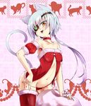  animal_ears breasts caesar8149 cat_ears cat_tail choker collarbone covered_nipples eyepatch highres long_hair looking_at_viewer nail_polish navel no_pants original panties ponytail red_panties sack santa_costume side-tie_panties silver_hair slit_pupils small_breasts solo tail tongue tongue_out underwear untied untied_panties yellow_eyes 