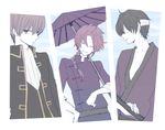  ^_^ ahoge bandage_on_face bandage_over_one_eye bandages braid brown_hair chinese_clothes closed_eyes gintama hand_on_hip holding holding_umbrella japanese_clothes kamui_(gintama) katana kimono long_hair looking_at_viewer male_focus multiple_boys okita_sougo orange_hair oriental_umbrella parted_lips purple_hair shinsengumi_(gintama) single_braid smile sword takasugi_shinsuke umbrella uniform weapon yuka_(oyku) 