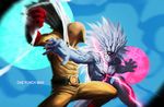  absurdres alien bald battle belt black_sclera cape clenched_hand copyright_name cyclops duel electricity gloves highres kakukaku_(pixiv3254156) lord_boros male_focus multiple_boys muscle one-eyed one-punch_man red_gloves saitama_(one-punch_man) spiked_hair white_skin yellow_eyes 