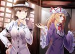  blonde_hair brooch brown_eyes brown_hair dress e.o. hat hat_ribbon jewelry juliet_sleeves long_hair long_sleeves maribel_hearn mob_cap multiple_girls open_mouth puffy_sleeves purple_dress purple_eyes ribbon smile touhou usami_renko wide_sleeves 