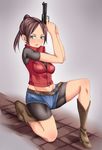  arios_(orochi_yuta) ass belt bike_shorts blue_eyes blush boots breasts brown_hair claire_redfield cleavage denim gun long_hair ponytail resident_evil resident_evil_2 short_hair sidelocks solo torn_clothes weapon 