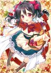  basket black_hair breasts cleavage cosplay food fruit hood little_red_riding_hood little_red_riding_hood_(grimm) little_red_riding_hood_(grimm)_(cosplay) love_live! love_live!_school_idol_project mitsumomo_mamu open_mouth red_eyes short_hair small_breasts smile solo twintails yazawa_nico 