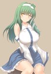  bare_shoulders breasts detached_sleeves frog_hair_ornament green_hair hair_ornament highres huge_breasts kochiya_sanae long_hair long_sleeves looking_at_viewer shirt sitting skirt smile snake_hair_ornament solo touhou wide_sleeves x&amp;x&amp;x yellow_eyes 