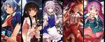  apron arrow black_hair blue_dress bow_(weapon) branch brown_eyes bubble_skirt column_lineup dress efe fingersmile fujiwara_no_mokou grey_eyes hata_no_kokoro highres houraisan_kaguya izayoi_sakuya jeweled_branch_of_hourai maid maid_headdress multiple_girls open_mouth pants pink_eyes pink_hair puffy_short_sleeves puffy_sleeves purple_eyes see-through shirt short_sleeves silver_hair skirt smile split_screen suspenders torn_clothes torn_sleeves touhou waist_apron weapon yagokoro_eirin 